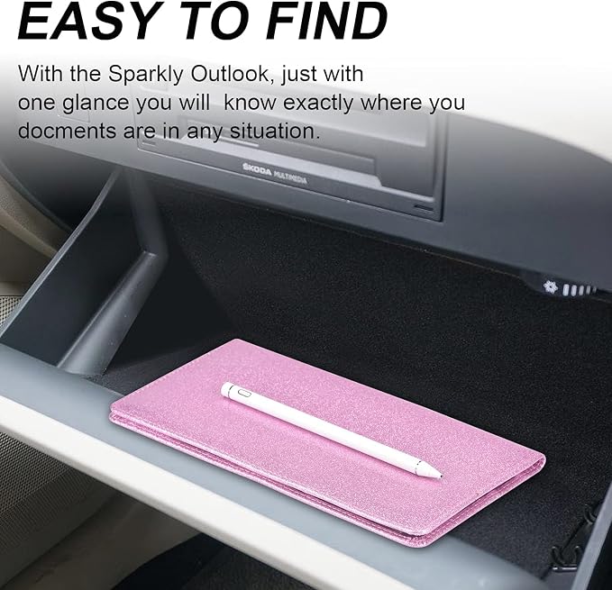 Car Registration and Insurance Holder, Car Accessories Vehicle Glove Box Car Organizer Men Women Wallet Case with Magnetic Shut for Cards, Essential Document, Driver License, Bling Pink