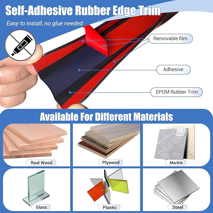 Rubber Edge Trim, Self-Adhesive U Channel Edge Trim, U Shaped Edge Protector for Plywood, Wood Boards, EPDM Material, Slot Width 3/8"(10mm), Length 10 Ft, Black