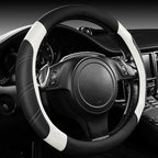 Leather Steering Wheel Cover and Waterproof Car Floor Mats, Microfiber Universal Car Combo Fit for 95% Sedan SUV Van,14.5-15 inch Sporty Anti-Slip Safety Comfortable Design, Black＆White