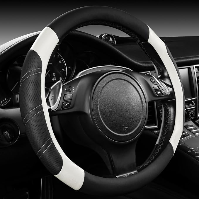 Leather Steering Wheel Cover and Waterproof Car Floor Mats, Microfiber Universal Car Combo Fit for 95% Sedan SUV Van,14.5-15 inch Sporty Anti-Slip Safety Comfortable Design, Black＆White