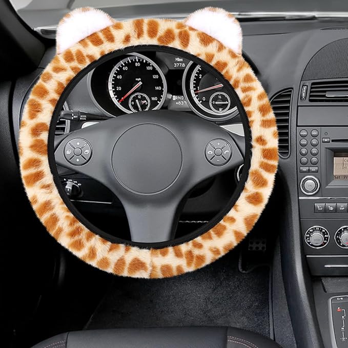 Fuzzy Leopard Print Car Steering Wheel Cover Women Car Accessories | Soft Furry, Non-Slip, Elastic Steering Wheel Covers, Universal 15 Inch Fit Auto, Suvs, Truck