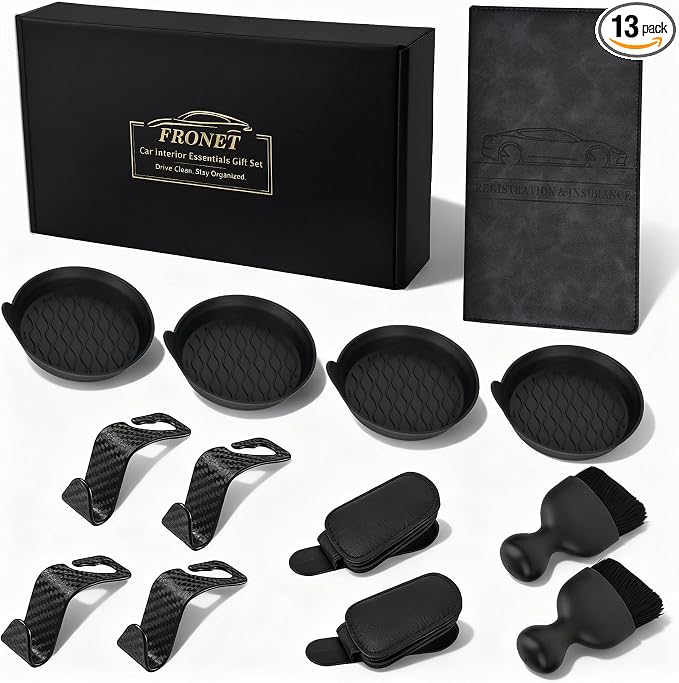 Car Accessories Gift Set for New Drivers, 13PCS Everyday Car Essentials Kit with Registration Insurance Holder, Cup Holder Coasters, Headrest Hooks & Cleaning Brushes for Men & Women