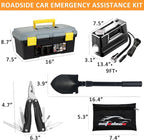 98 PCS Roadside Car Emergency Assistance Kit with Portable Air Compressor Jumper Cables Safety Hammer All in One Pliers Tool Set（Black）