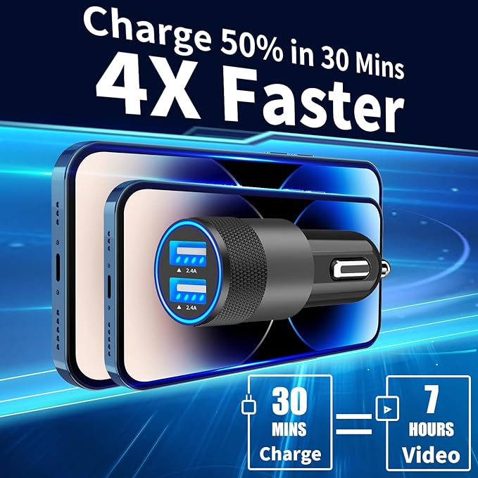 【MFi Certified】iPhone Car Charger Fast Charging, 4.8A Dual USB Smart Power Cigarette Lighter USB Car Charger with 2Pack Lightning Braided Cable for iPhone 14 13 12 11 Pro XS Mini XR X SE iPad