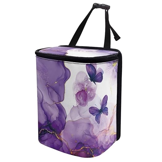 Purple Marble Butterfly Print Car Trash Can with Lid, Leak Proof Auto Trash Bag Hanging Vehicle Garbage Can Multipurpose Storage Container for Back Seat Road Trip