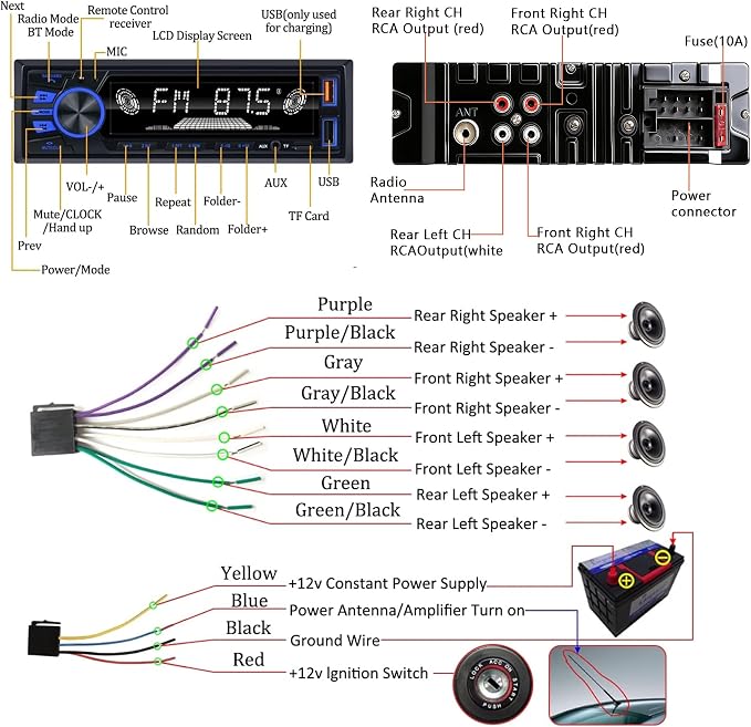 Car Radio Bluetooth Single DIN Car Stereo with Bluetooth,Car Audio with Push to Talk Button for Handsfree Calling,FM/ MP3/EQ/SD/AUX,Dual USB,iOS & Android App Control,7 LED Colors | No CD Player