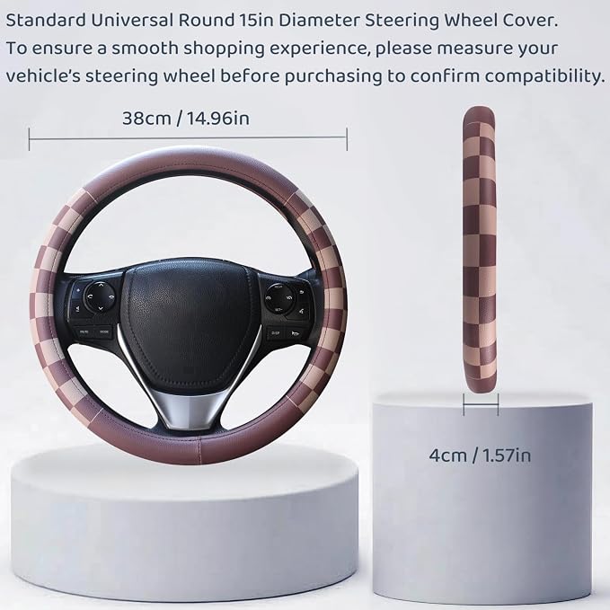 Women Checkered Steering Wheel Cover,Breathable Non-Slip PU Leather Universal 15 Inch Steering Wheel Protector,Fashion Checkerboard Car Interior Car Accessories SUV Truck Men