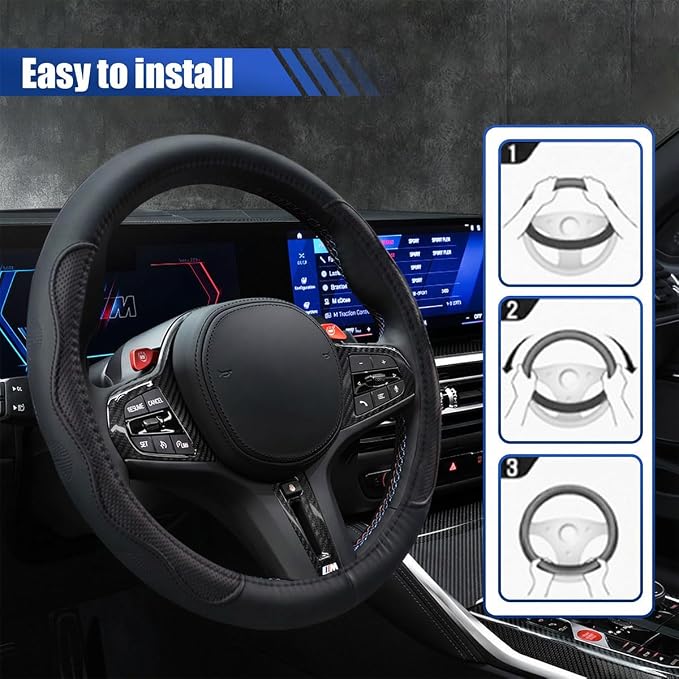 15 Inch Leather Car Steering Wheel Cover for SUV, Truck, Blackline | Anti-Slip Breathable Automotive Steering Wheel Protector, Universal Heat Resistant Vehicle Interior Accessories