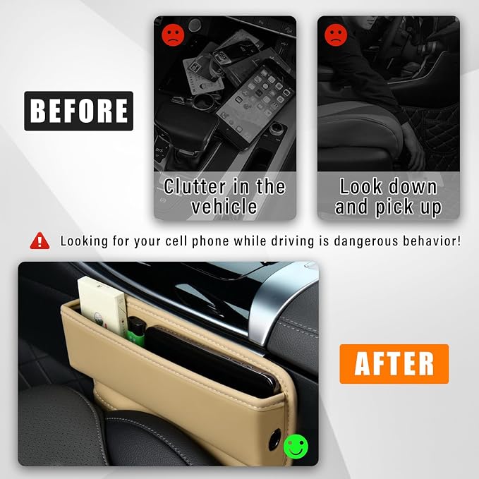 Car Seat Gap Organizer, Premium Leather Auto Seat Storage Box, Vehicle Adjustable Front Seat Gap Filler, Car Seat Side Pocket Organizer for Phones, Glasses, Keys, Money, Cards (Beige)