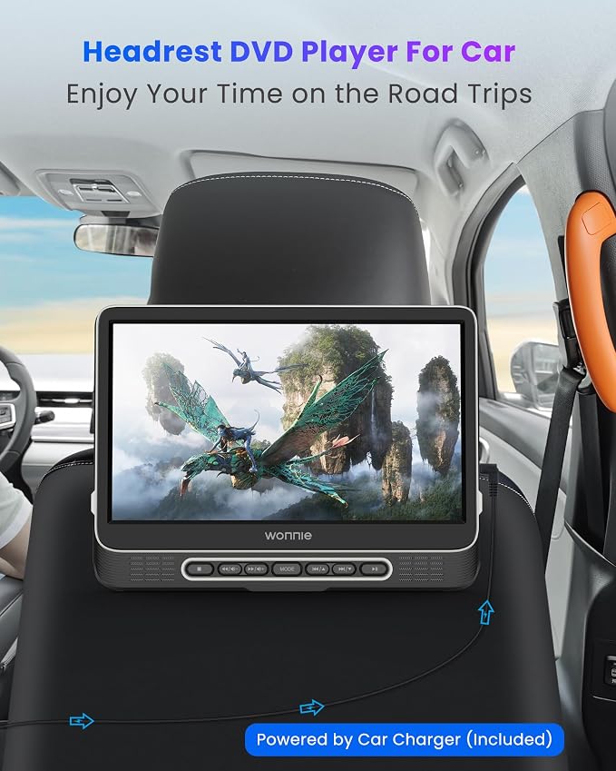 Car DVD Player, 12" Headrest DVD Player with Mount Bracket, Supports 1080P/MP4 Video, HDMI Input/Output, AV Out, AC Adapter, Car Charger, USB Card Reader, Last Memory, All Regions