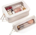 2Pack Clear Makeup Bags Set,Portable Makeup Brush Bag,Portable Leather Travel Toiletry Bag Car Eessntials for Women (White)