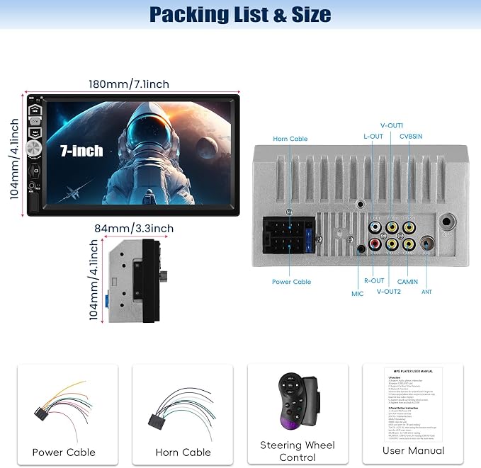 7 inch Touch Screen Double Din Car Stereo with Wired Mirror Link Bluetooth FM EQ Steering Wheel Control 7 Color Light