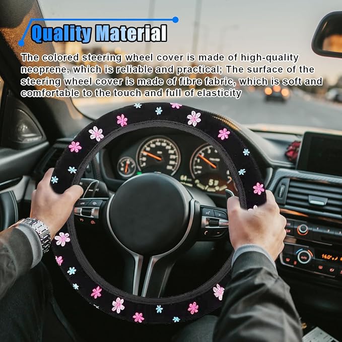 Cute Embroidery Flower Steering Wheel Cover, Non-Slip Floral Steering Wheel Protector with 4 PCS Flowers Car Air Vent Clips, Universal Car Interior Decorations for Women Girls