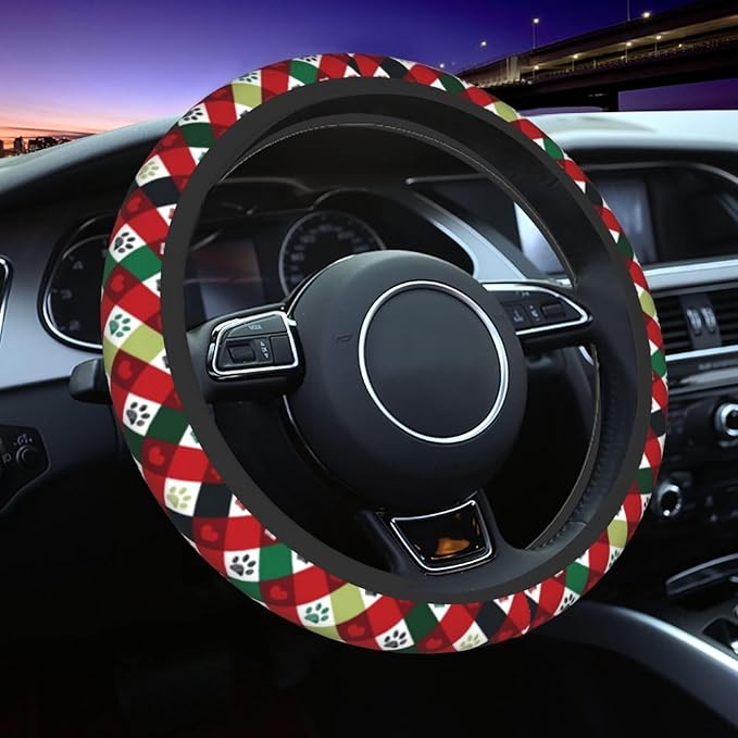 Christmas Red Plaid Dog Paw Prints Steering Wheel Cover Car Accessories Cute for Women Girls Girly Universal 15 Inch Neoprene Auto Interior Decor Anti Slip Car Truck Protector