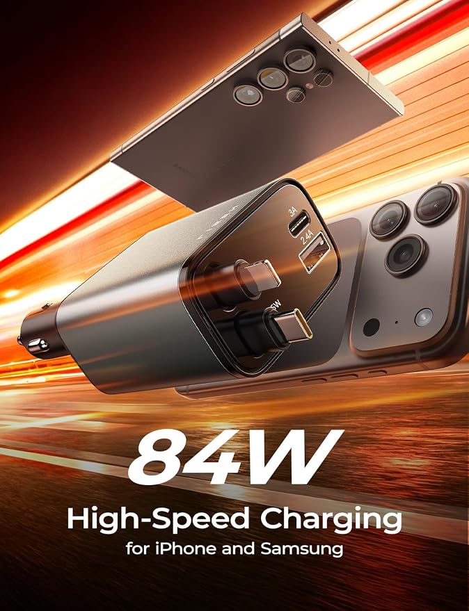 Retractable Car Charger, 84W Car Charger USB C Fast Charger, Cigarette Lighter USB Charger Adapter, Car Accessories Birthday Gifts for Men Women Dad Mom Husband, for iPhone 17 16 15 14 13 12 11