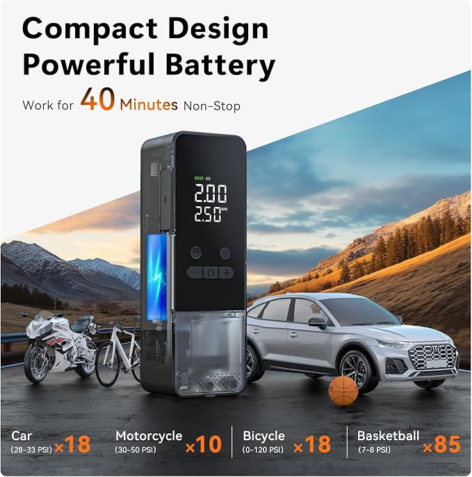Tire Inflator Portable Air Compressor - 150PSI Cordless Air Pump with Digital Tire Pressure Gauge, Auto Shut Off, DC/AC 2-in-1 for Car/Motorcycle/E-Bike/Ball