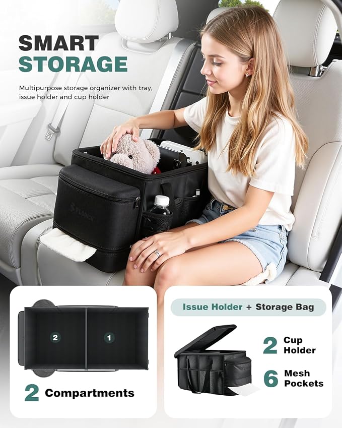 Car Seat Organizer, Premium Backseat Car Organizer with Tray for Kids and Adults, Front Passenger Organizer with Tissue Box and Cup Holder and Mesh Pockets Waterproof