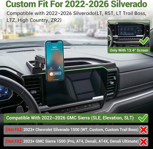 13.4”Screen Magnetic Phone Mount Holder for 2022-2026 Chevy Chevrolet Silverado & GMC Sierra Magnet Dash Cell Phone Cradles Adjustable Phone Stand Accessories for 2022+ Silverado/Sierra