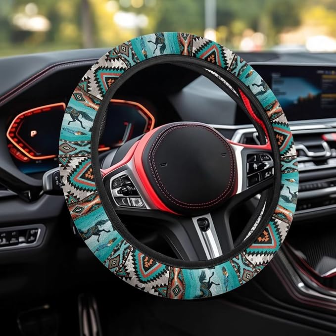 Car Steering Wheel Cover for Women Men, Soft Neoprene Stretchy Anti-Slip 15 Inch Steering Wheel Protector Universal Auto Decor, Aztec Geometric Horse Turquoise