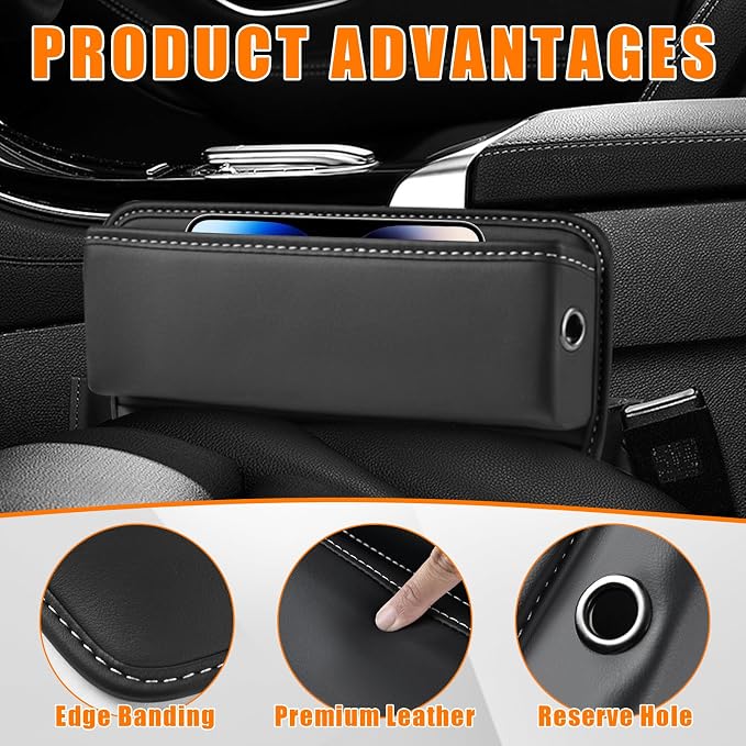 Car Seat Gap Organizer, Premium Leather Auto Seat Storage Box, Vehicle Adjustable Front Seat Gap Filler, Car Seat Side Pocket Organizer for Phones, Glasses, Keys, Money, Cards (Black)