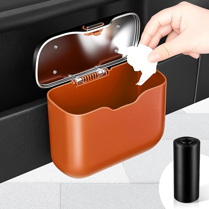 Car Trash Can, Car Garbage Bin with Lid & Handle - Leak-Proof Mini Trash Can for Car, Truck, SUV - Essential Car Accessories for Organization (Orange)