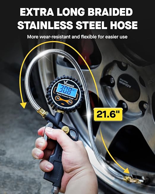 Digital Tire Pressure Gauge with Inflator, 250 PSI Heavy Duty Air Chuck with Tire Tread Depth Gauge, Stainless Steel Braided Hose with Quick Connect Coupler, Car Accessories