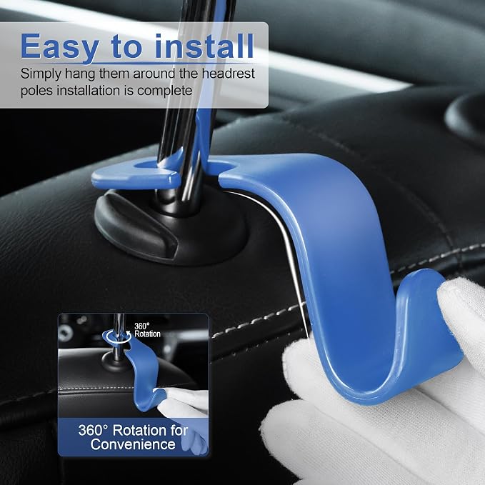 Car Seat Headrest Hook, Car Headrest Hidden Hook, 4 Pack Universal Auto Car Back Seat Hook Organizer for Purse Coat, Car Interior Accessories (Blue)