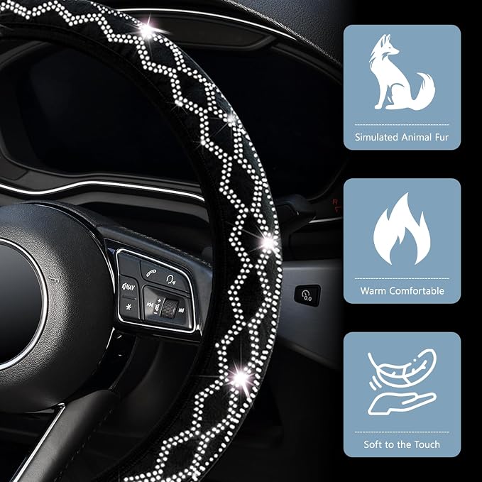 Bling Rhinestone Steering Wheel Cover with Crystal Diamond for Women, Sparkling Car Wheel Protector Universal Fit 15 Inch (Black with White Diamond, Standard Size(14"" 1/2-15"" 1/4))
