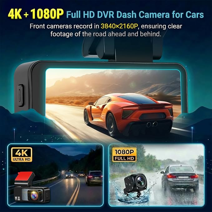 4K Dash Cam Front and Rear, 3.16" Screen Dual Dash Camera for Cars with WiFi & GPS, Night Vision, 170°Wide Angle Car Dashboard Cam, G-Sensor, Loop Recording, 64GB Card Included