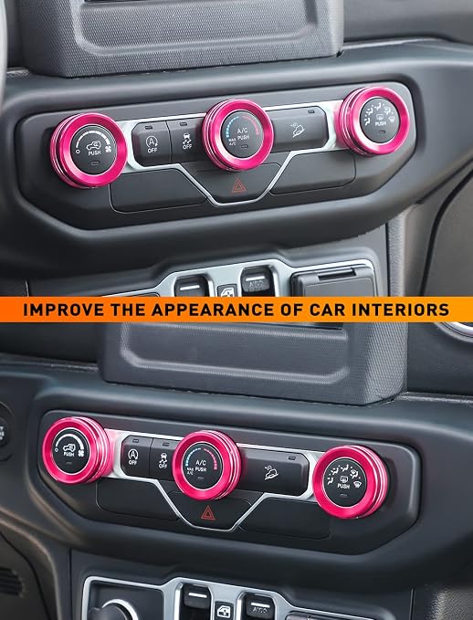 HVAC Climate Control Panel Knob Trim Kit & Light Control Switch Cover, Air Conditioner Knob Aluminum Alloy Ring for 2018-2024 Jeep Wrangler JL JLU & Gladiator JT, Interior Accessories, Pink