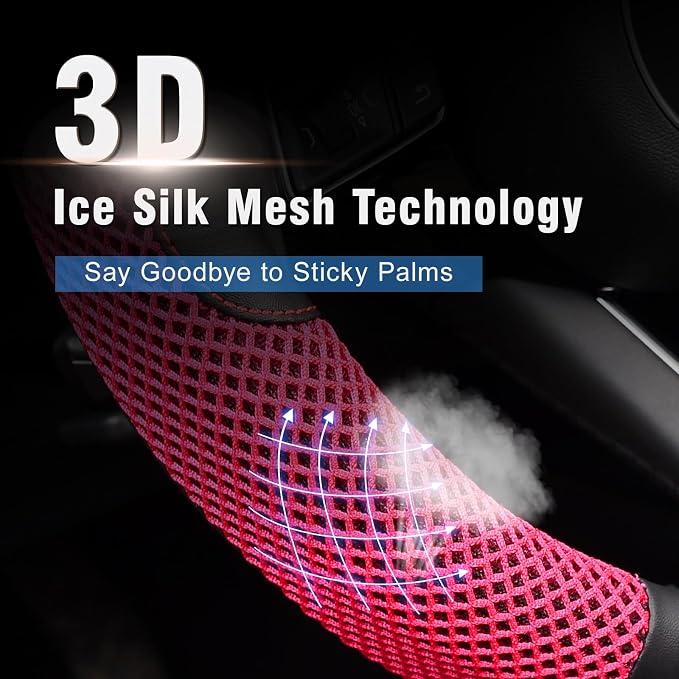 15 inch Steering Wheel Cover, Cooling Ice Silk Mesh with Microfiber Leather, Heat Resistant, Breathable, Anti-Slip, Summer Cool, Universal Fit, Black & Red