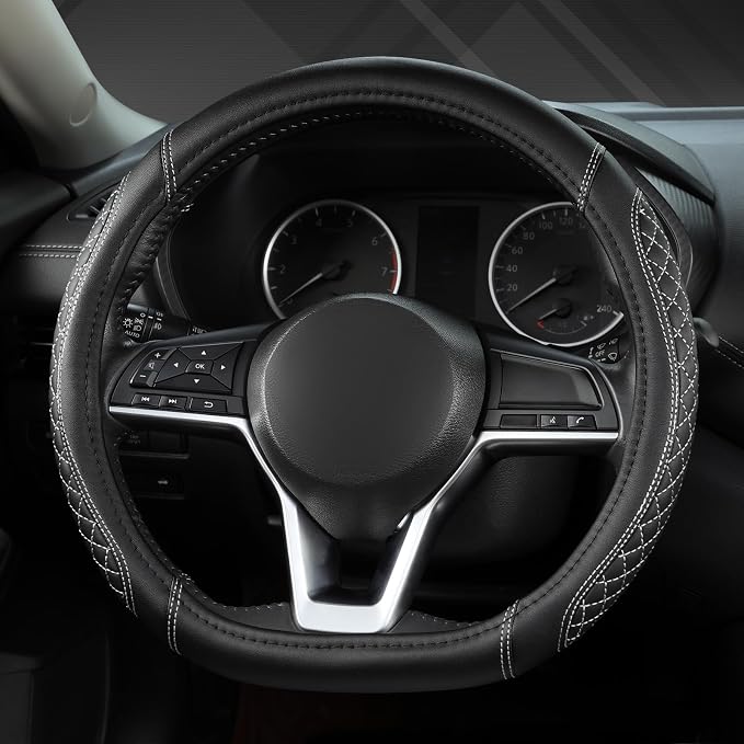 Flat Bottom Car Steering Wheel Cover for Nissan,D Shaped Steering Wheel Cover for Rogue,Altima,Kicks (Diamond Quilted-Black+Gray-Standard Size)