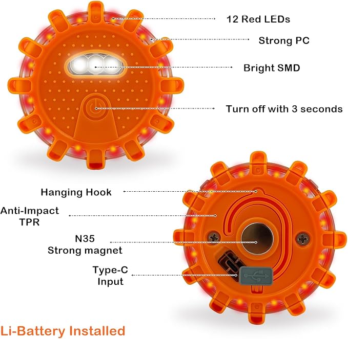 USB-C Rechargeable LED Road Flares Emergency Lights 3 in 1 Cable Roadside Warning Car Safety Beacon Flashing Disc Kit with Magnetic Base for Vehicles