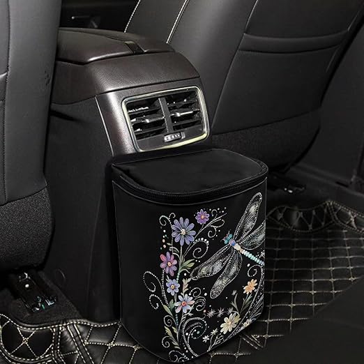 Dragonfly Flower Print Car Trash Can with Lid, Leak Proof Auto Trash Bag Hanging Vehicle Garbage Can Multipurpose Storage Container for Back Seat Road Trip