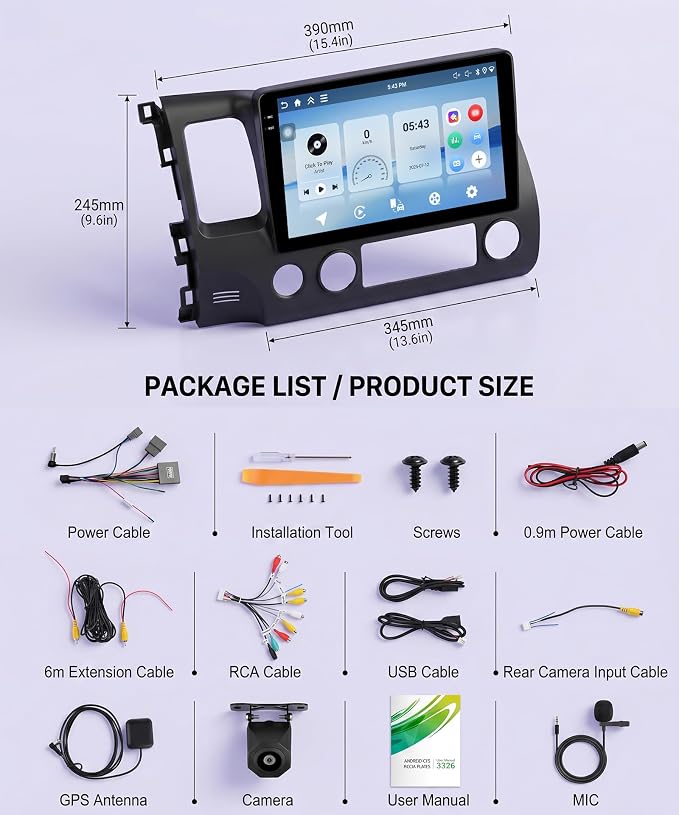 10.1 Inch Android 15 Car Stereo for Honda Civic 2006-2011, Wireless CarPlay & Android Auto, 5GHz WiFi GPS, Touchscreen, Bluetooth/FM/RDS SWC + AHD Backup Camera