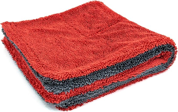 Dreadnought Jr. Microfiber Towel, Superior Absorbency for Drying Cars, Trucks, and SUVs, Double-Twist Pile, One-Pass Vehicle-Drying Towel - Pack of 1, Red/Gray (16 inch x 16 inch)
