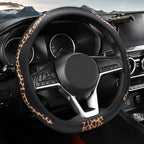 Leopard Print Steering Wheel Cover, D Shaped Car Wheel Cover Microfiber Leather 14 1/2-15 in (37-39 cm)