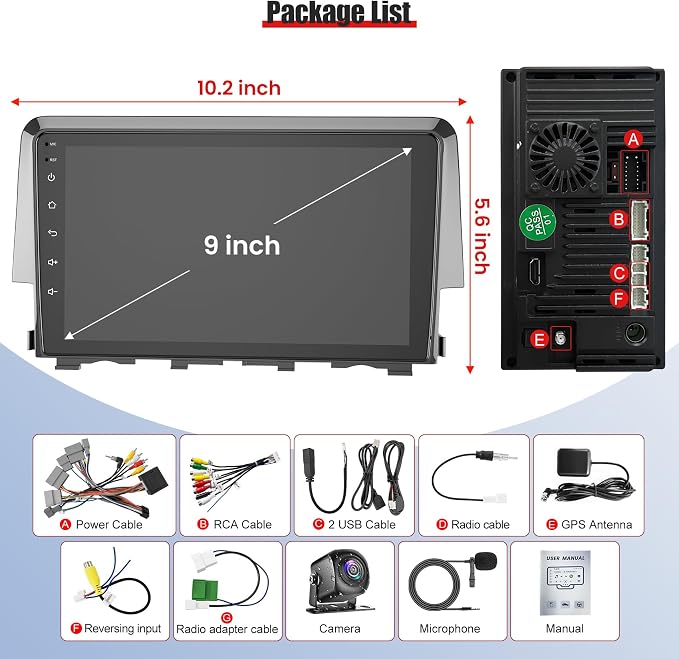 8 Core 6GB+128GB Car Radio Stereo Screen for Honda Civic 2016-2021 | QLED Touch Screen, Carplay&Android Auto&Mirror Link,FM&AM Radio,GPS Navigation,Bluetooth,Back-up Camera,Android 15