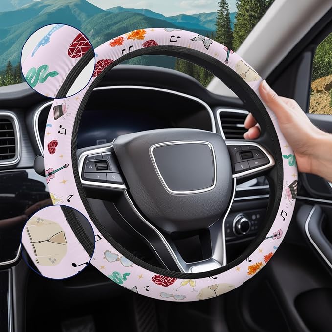 Pastel Music Icon Steering Wheel Cover, Polyester Non-Slip Car Wheel Grip, Universal 15 Inch Auto Accessory