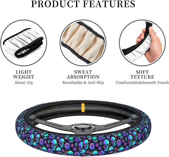 Purple Skull And Flower Auto Car Steering Wheel Cover Universal 15 Inch Neoprene Interior Decor Protection Accessories