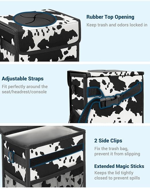 Car Trash Can with Lid, Leakproof Car Trash Bag Hanging Waterproof Automotive Garbage Can with Storage Pockets Mini Vehicle Trash Bin for Back/Front Seat(Cow Print,3 Gallon)