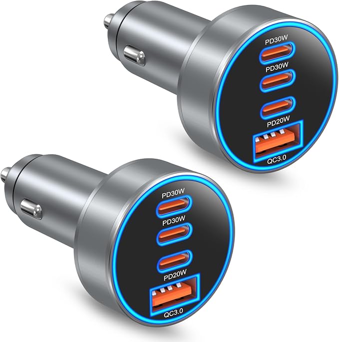 Car Charger USB C, 2Pack 98W 4-Port USB C Car Charger Fast Charging,4 in 1 Cigarette Lighter USB Charger for Multiple Devices,Dual 30W Type C Car Charger Adapter for iPhone 17/16/15 Pro Max,Galaxy