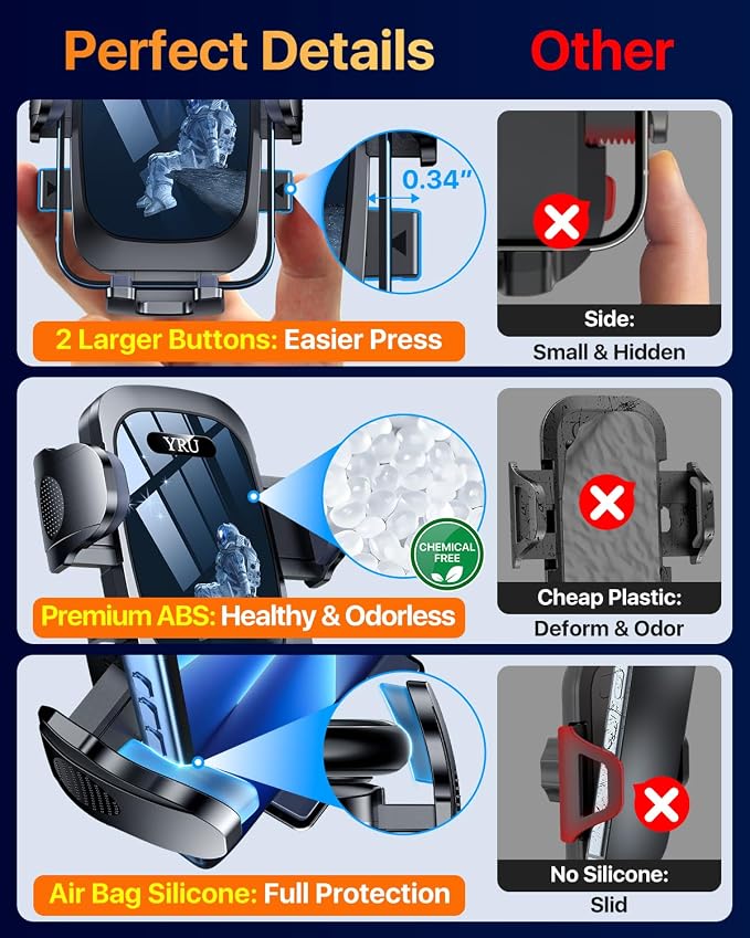 YRU [True Upgrade for Safety Car Phone Holder Mount [Patent & Military-Grade] Dashboard Cell Phone Holder for Car Vent Windshield Phone Stand for iPhone 17 16 15 14 Pro Max Truck Samsung, Black Blue