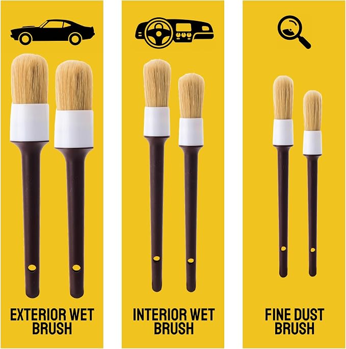 Car Detailing Brush Set 6-Pack, Interior and Exterior, | Scratch-Free Boars Hair - Exterior & Interior Cleaning Brushes - Safe for Leather, Piano Black Trim, Dashboards & Wheels