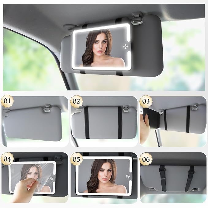 2PCS LED Mirror for Car Sun Visor Accessories,Mid-Size Car Visor Mirrors with 3-Color Dimmable Lights,Lighted Rear View Mirror for Universal Vehicle (White)
