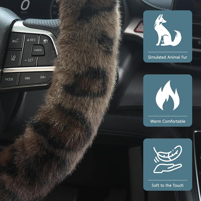 Fuzzy Car Steering Wheel Cover,Universal Fit Fur Auto Wheel Cover,Leopard Warm Fluffy Vehicle Wheel Protector Car Accessories,Cheetah Print Steering Wheel Cover for Men Women (Brown)
