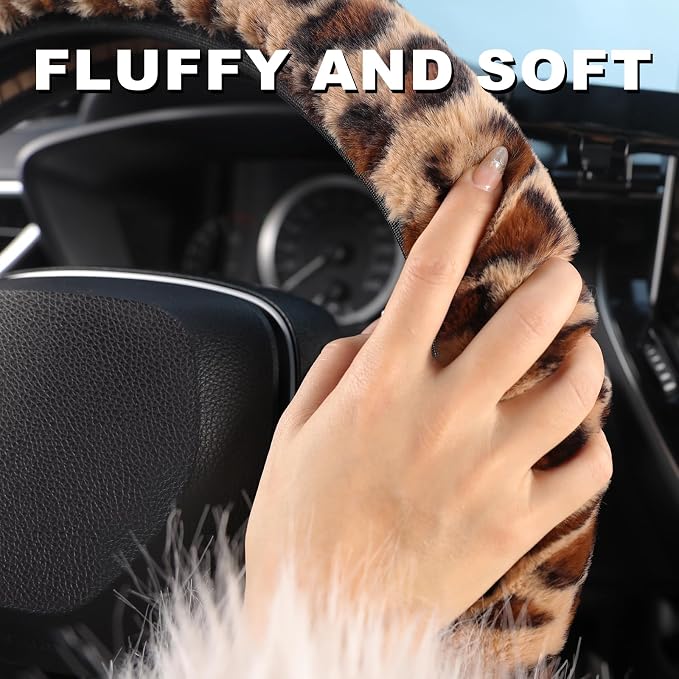 Furry Car Steering Wheel Cover with Gear Shift Cover, Soft and Warm, Cute Fluffy Auto Decor for Women Men, Standard Size, 2 PCS Set, Brown Leopard