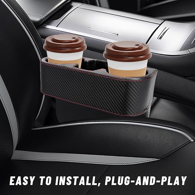 Car Seat Gap Filler Organizer, PU Leather Auto Front Seat Organizer Console Side Filler w/Cup Holder, Multifunctional Bottle Phone Holder Crevice Fillers for Most Car (Carbon Fiber Pattern)