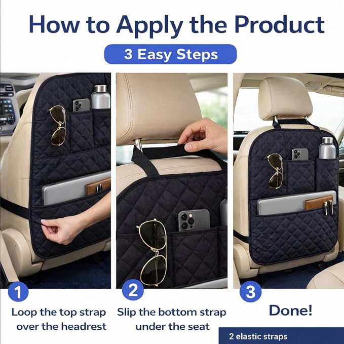 2 Pack Car Back Seat Cover 3 Pocket + 1 XLarge Pocket Organizer Protector from Dirt Scratches Mud Fit All Automotive Model Waterproof Durable Preventing the Impact of Children Kick 17"x25"