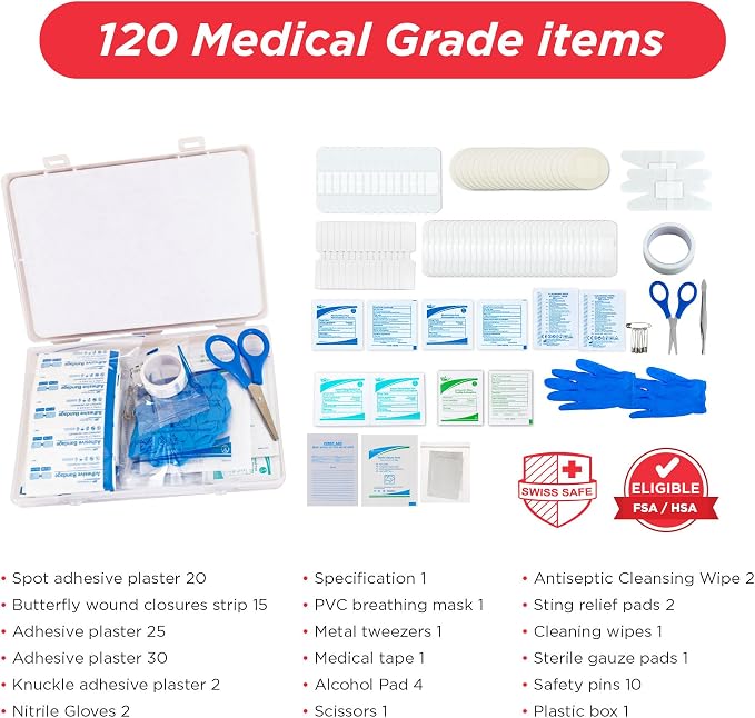 Mini First Aid Kit – 120 Pcs Compact Hard Shell Medical Kit for Home, Car, Travel, Camping, Hiking, Sports, Office & Outdoor Emergencies, Small Hardcase FAK